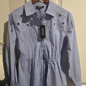 Badgley Mischka Light Blue and White Striped Eyelet Shirt Dress